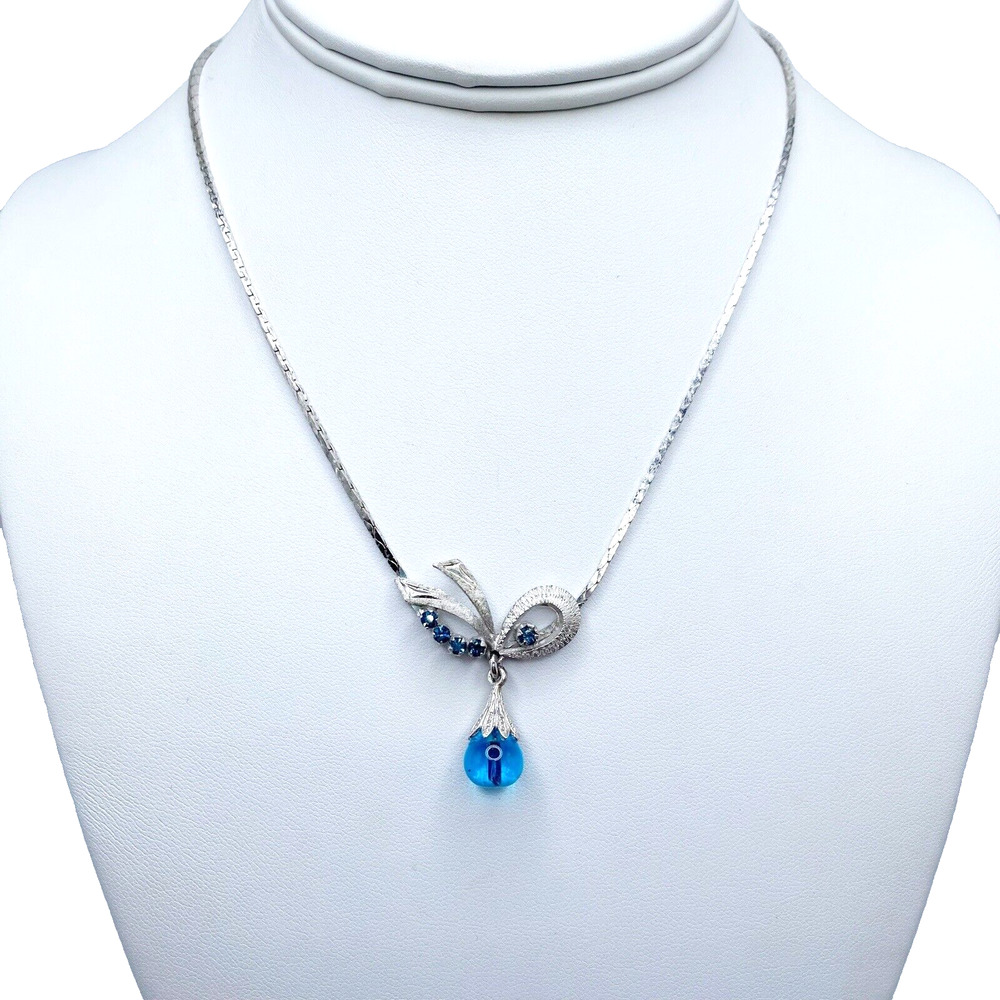Vintage Silver Tone Blue Glass Rhinestone Necklace Teardrop Sweet Feminine 15"